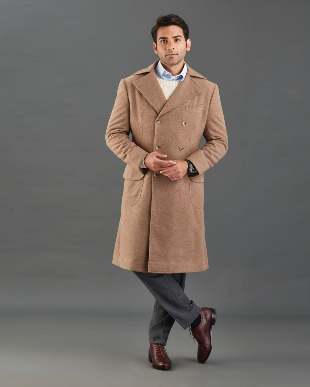 Drago 5% Cashmere 95% Wool: Fawn Flannel Over Coat