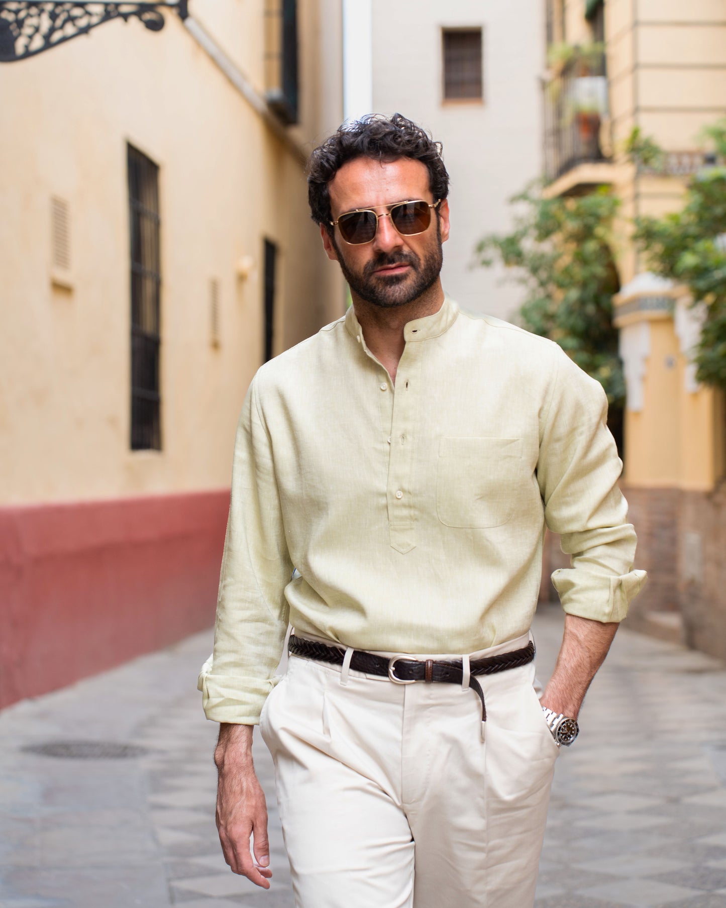 Light Olive Green Slub Linen Summer Shirt