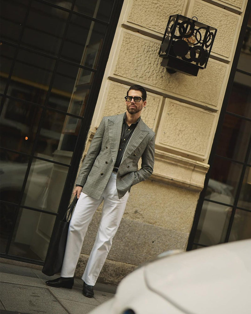 Drapers schwarz-weiß karierte, zweireihige Jacke mit Glen-Plaid-Muster