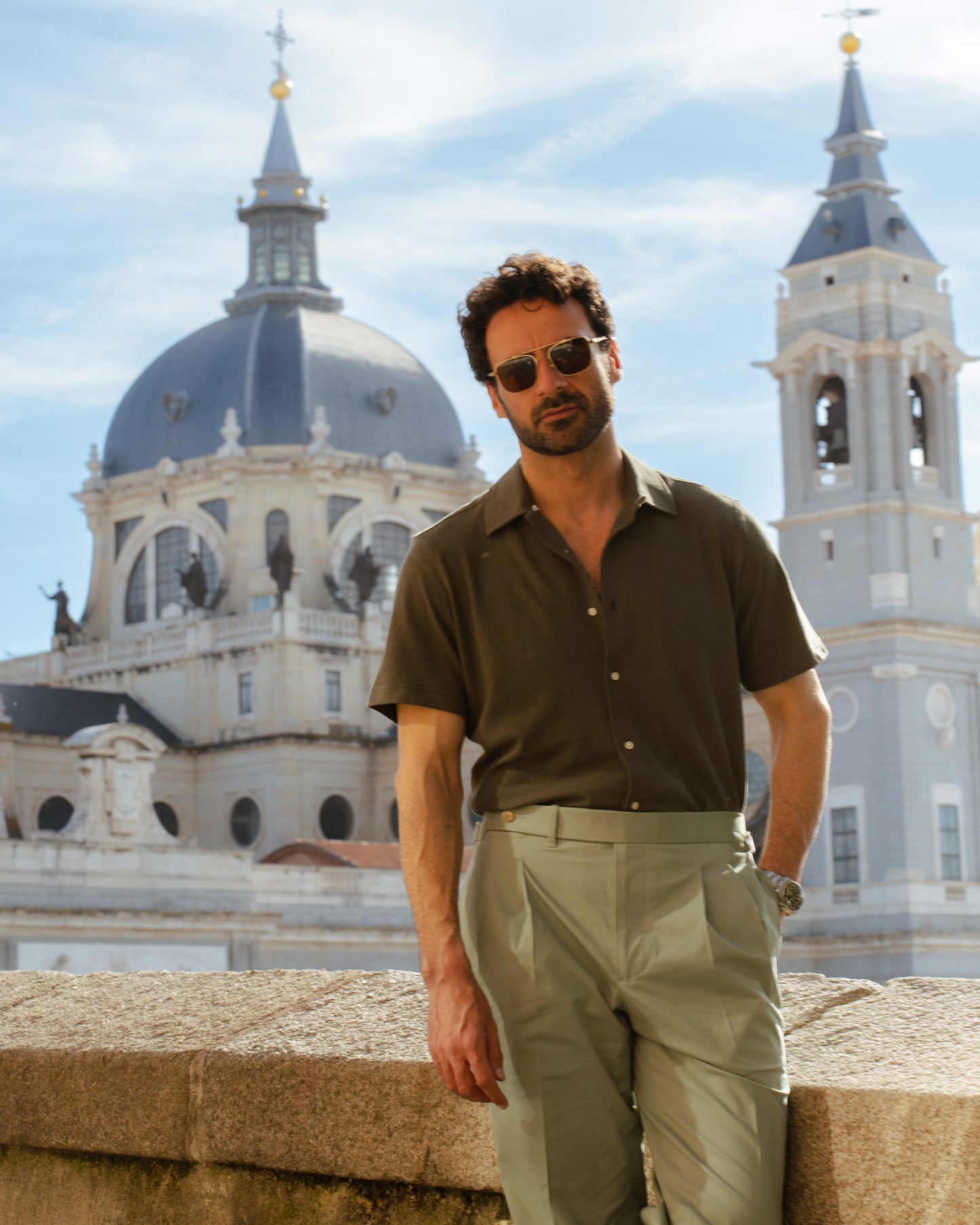 Olive Green Linen Cotton Camp Collar T-Shirt