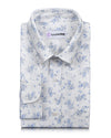 Linen: Pale Blue Printed shrubs On White