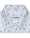 Lin : Feuilles imprimées bleu pâle sur fond blanc
