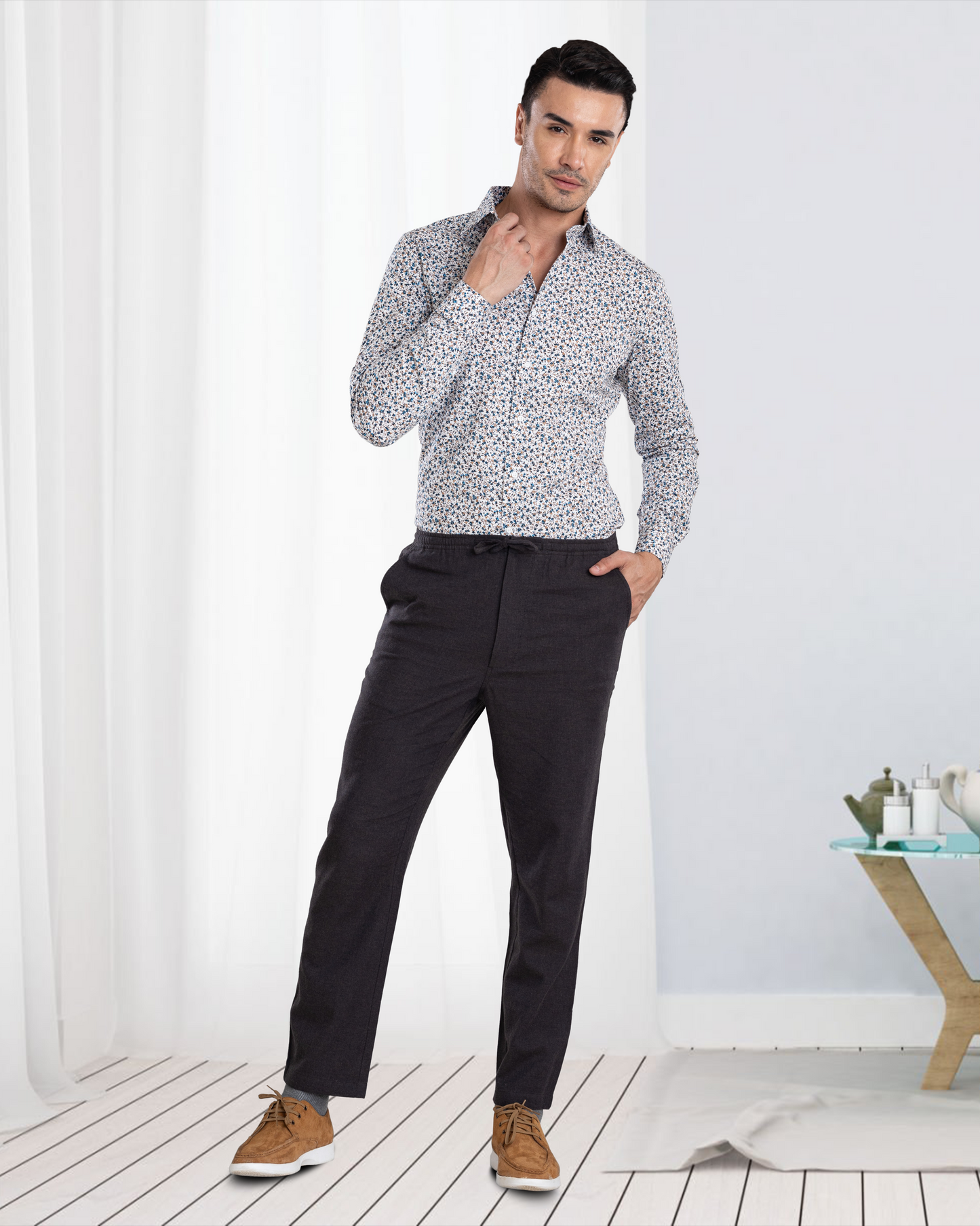 Charcoal Grey Milange Cotton Flannel  Drawstring Pant