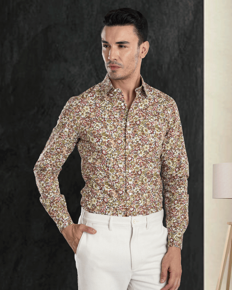Olive Green Maroon prints on White