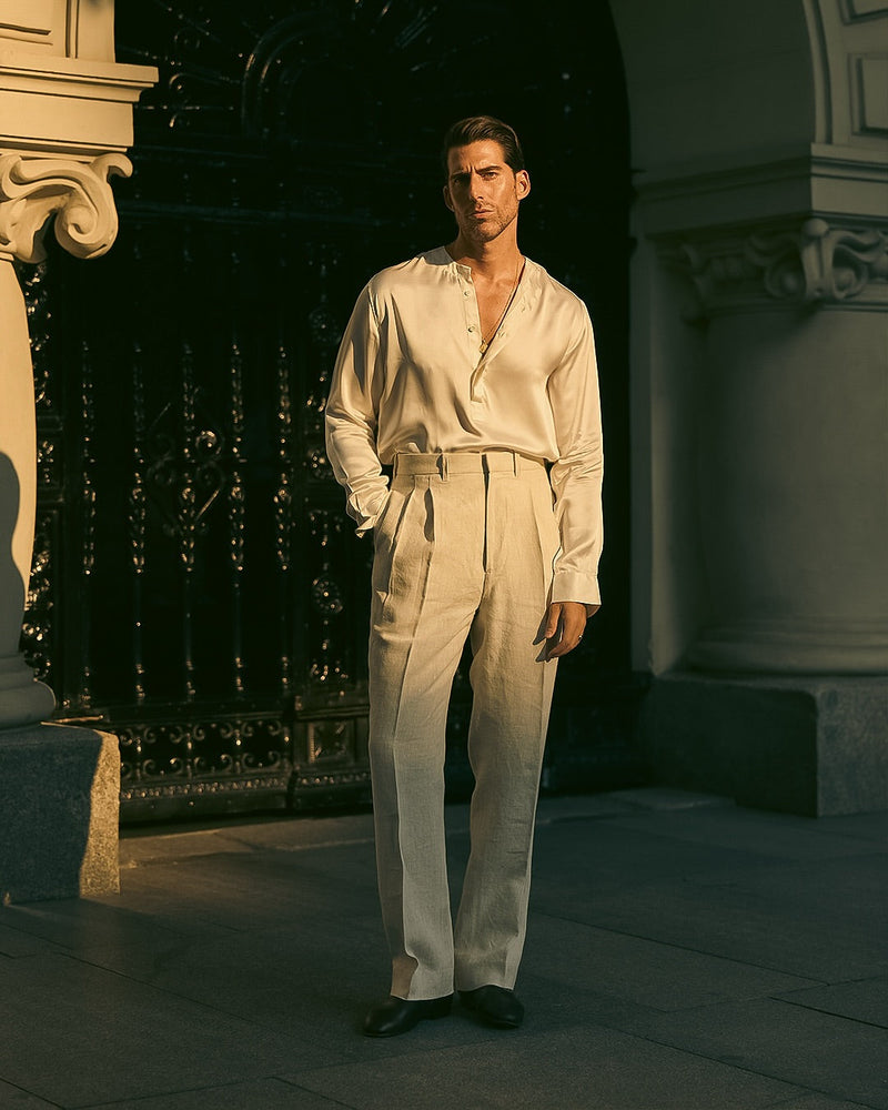 Cream Silk Band Collar Shirt