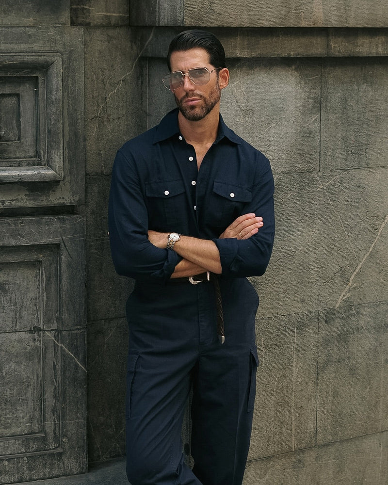 Navy Cotton Twill High Rise Cargo Pant