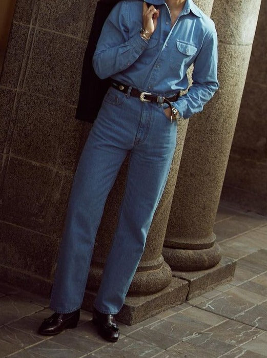 Fade Washed Indigo Denim Chambray Shirt