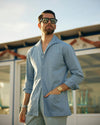 Pleated Powder Blue Twill High Rise Pant
