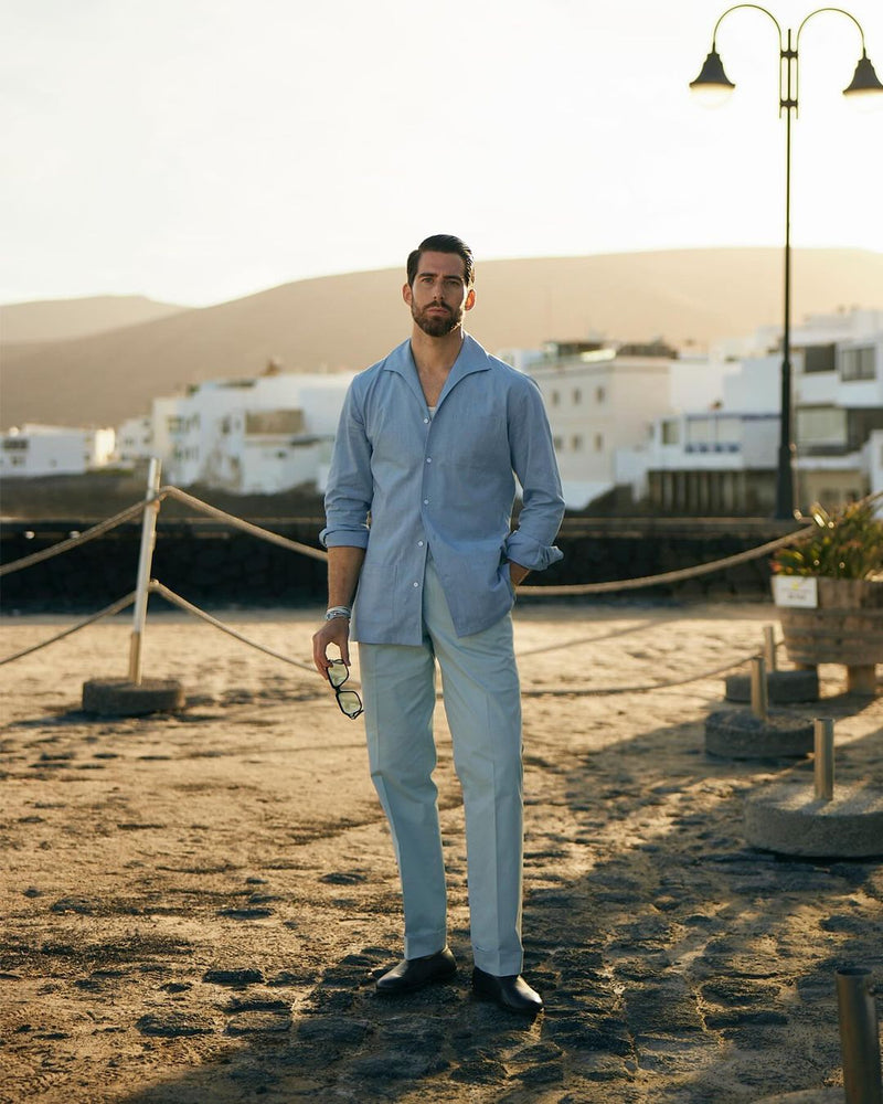 Pleated Powder Blue Twill High Rise Pant
