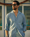 Pleated Powder Blue Twill High Rise Pant