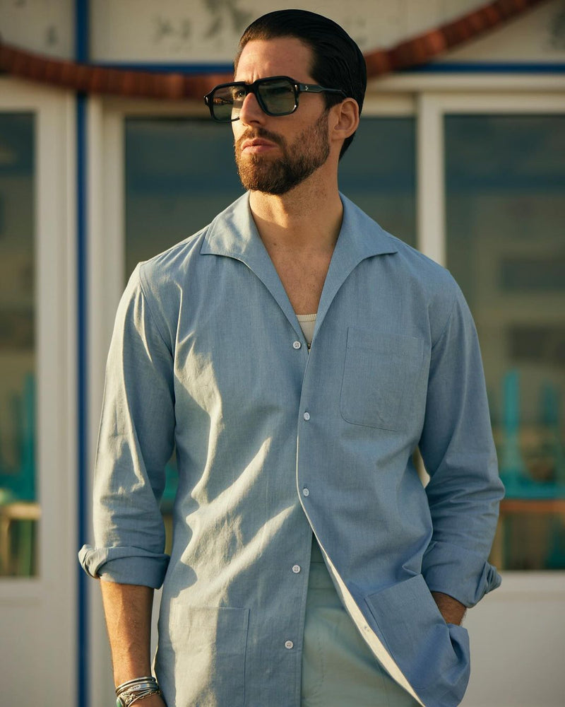 Pleated Powder Blue Twill High Rise Pant