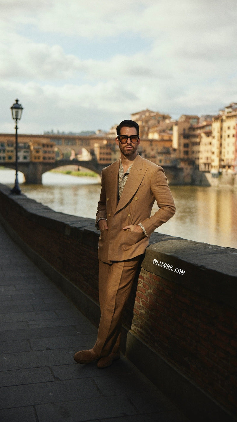 Pleated Linen Fresco Golden Brown Dress Pant