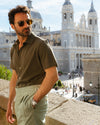 Olive Green Linen Cotton Camp Collar T-Shirt