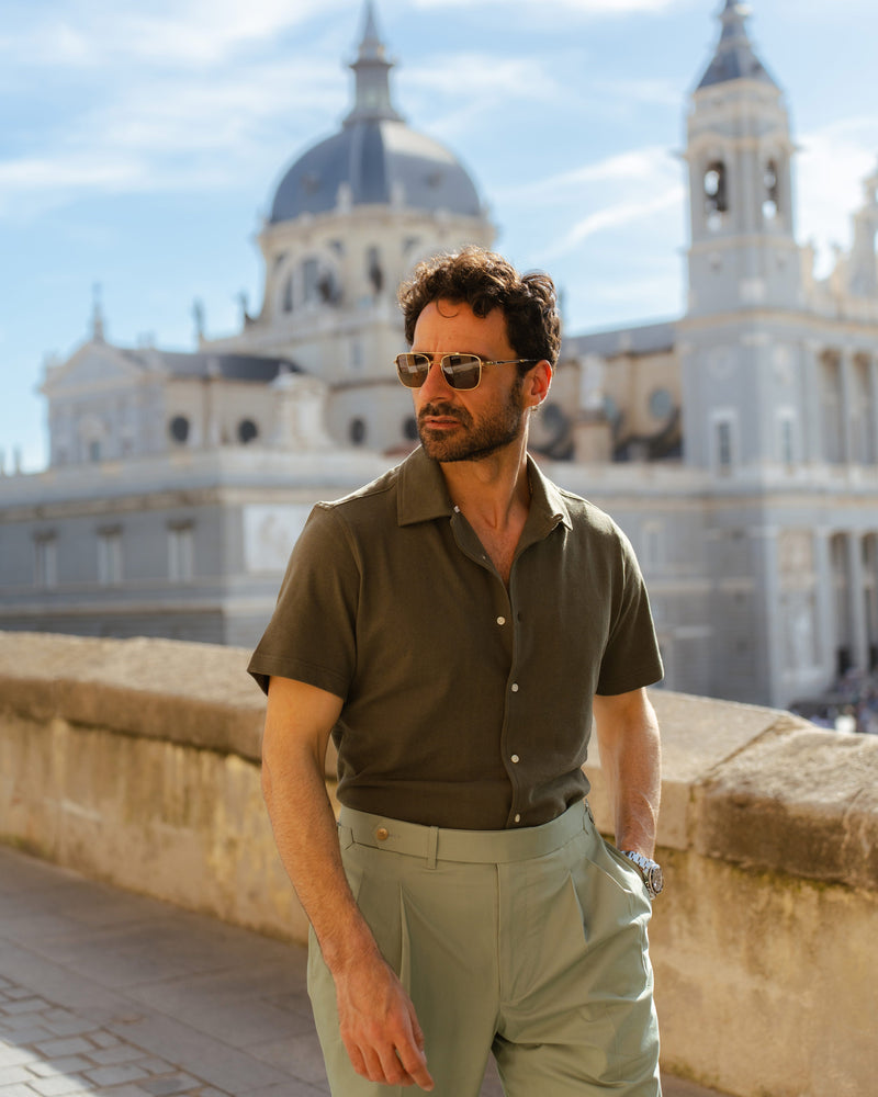 Olive Green Linen Cotton Camp Collar T-Shirt