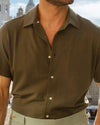 Olive Green Linen Cotton Camp Collar T-Shirt