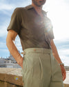 Olive Green Linen Cotton Camp Collar T-Shirt