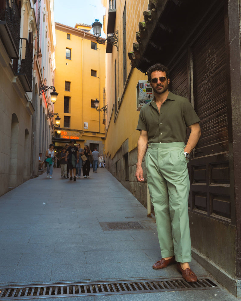 Olive Green Linen Cotton Camp Collar T-Shirt
