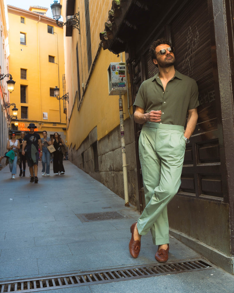 Olive Green Linen Cotton Camp Collar T-Shirt