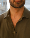 Olive Green Linen Cotton Camp Collar T-Shirt