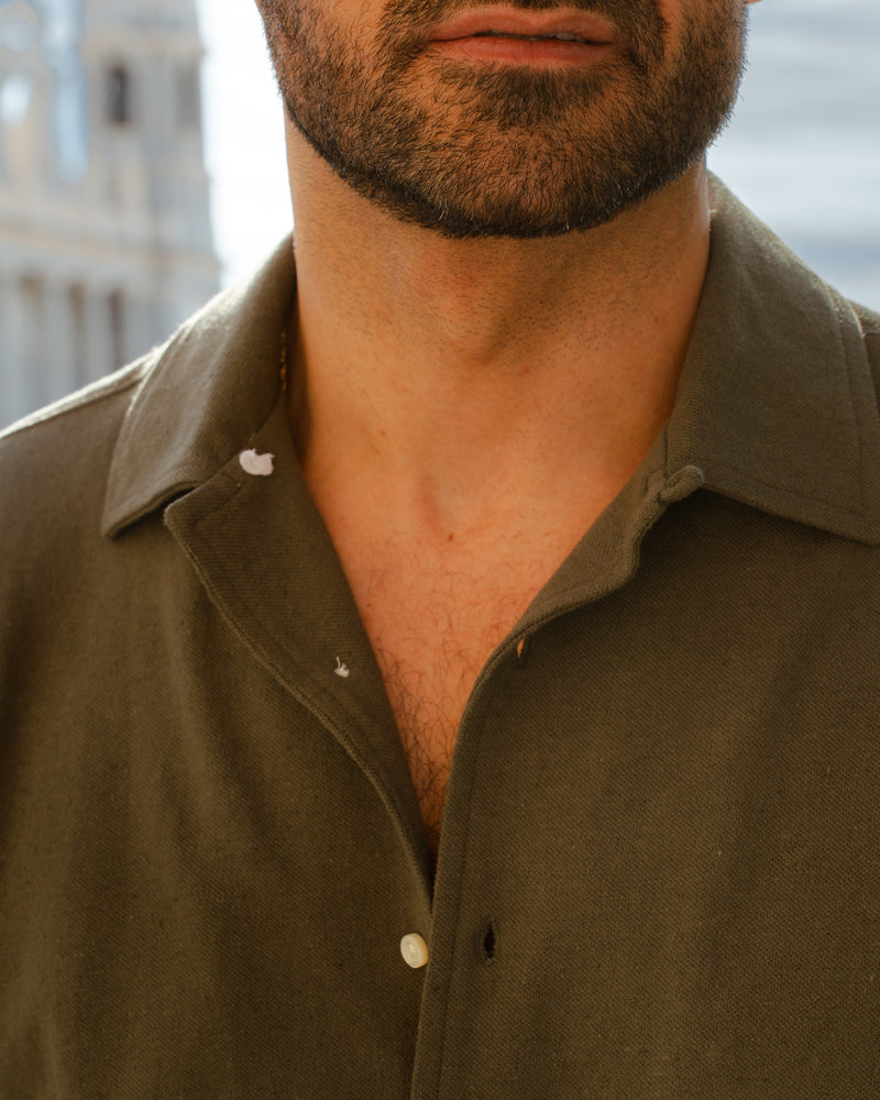 Olive Green Linen Cotton Camp Collar T-Shirt