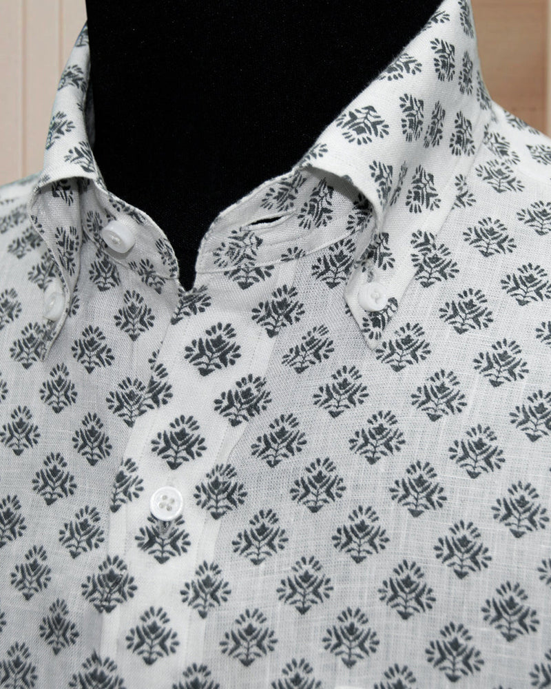 Linen:Black Flowers Printed on White Linen