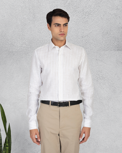 Ecru White Wide Stripes Linen Shirt
