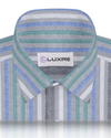 Linen: Green Blue White Tape Stripes On Grey Madras Shirt